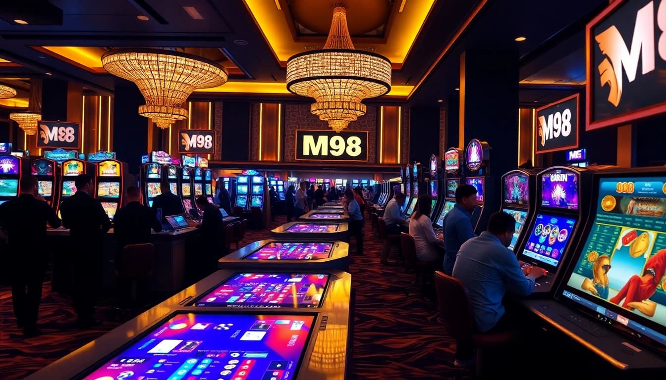 เข้าสู่ ทางเข้า m98 ที่คาสิโนพร้อมบรรยากาศตื่นเต้นของผู้เล่นและโต๊ะเกม