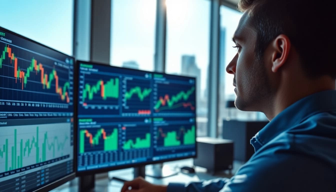 Engaging in online equity trading In Saudi Arabia with a trader analyzing stock data on screens.