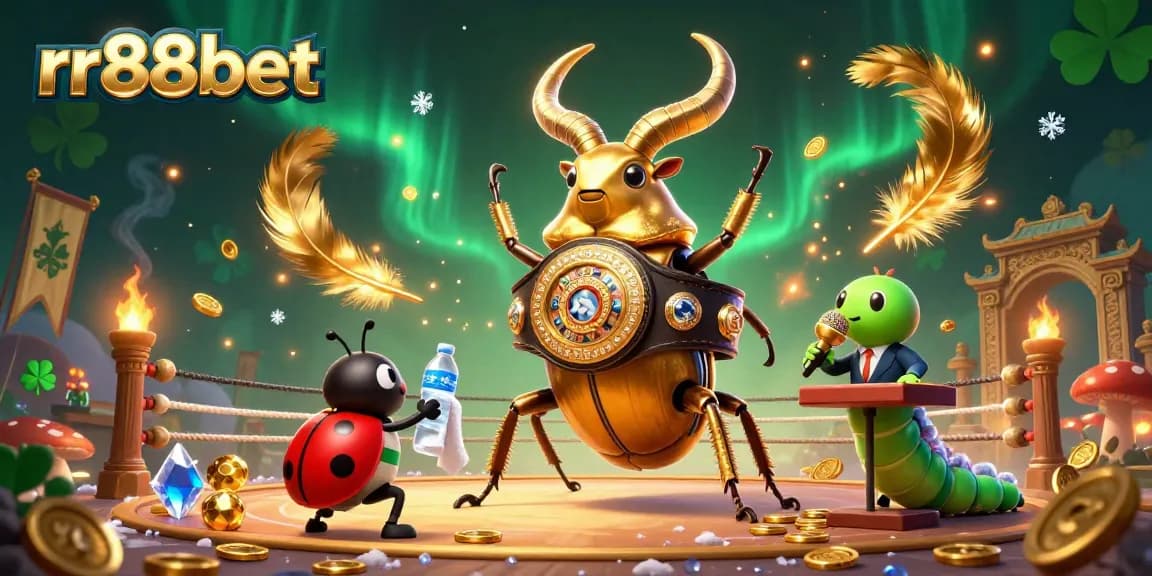 Witness the action of rr88bet with a giant golden stag beetle in a boxing match, surrounded by casino elements.