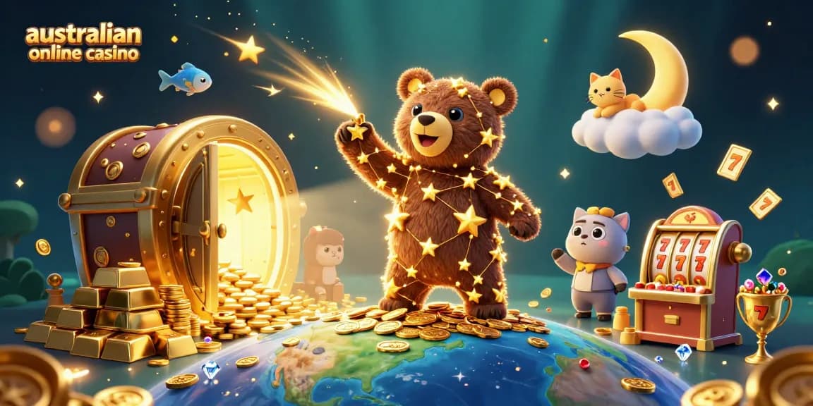 Engage with the australian online casino experience through a vibrant 3D illustration of fortune and fun.