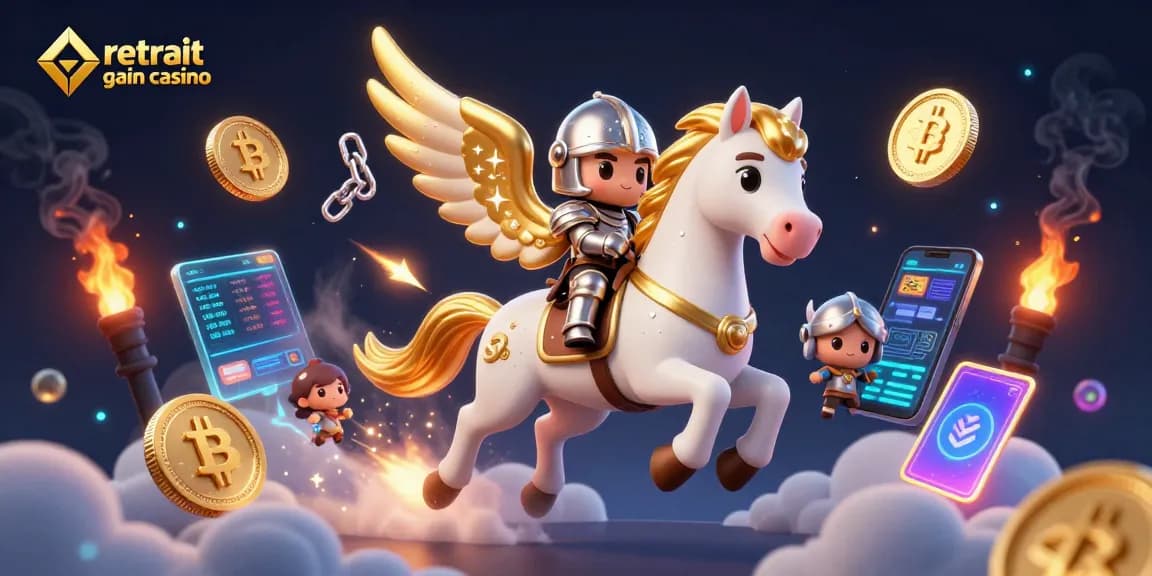 Retrait gain casino : illustration dynamique de jeux avec un cheval et un chevalier dans un décor fantastique.