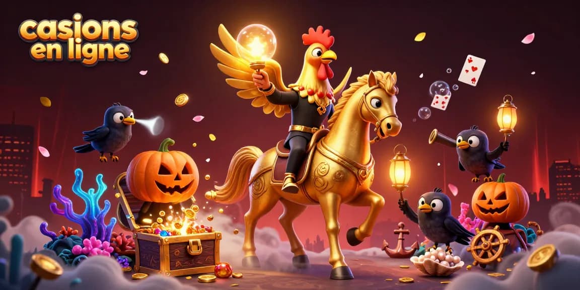 Explorez les casinos en ligne avec cette illustration dynamique mettant en scène un coq doré dans un casino nocturne.
