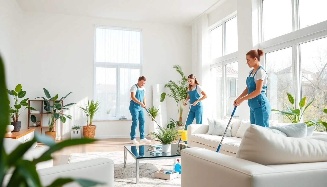 Cleaning Service team performing detailed cleaning in a bright modern home setting.