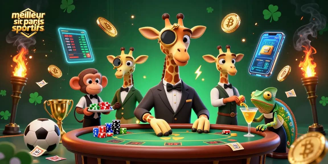 Pariez sur le meilleur site de paris sportifs avec une illustration d'une girafe, un valet et un barman.