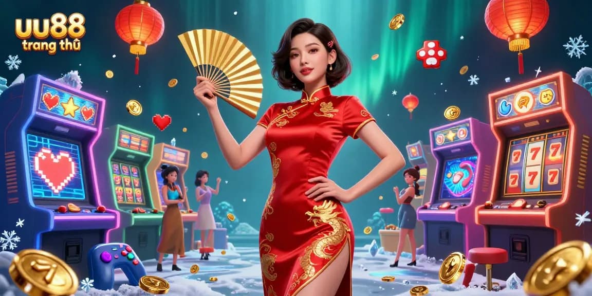 Engage with the uu88 trang chủ lively casino experience featuring an elegant Asian woman amidst dazzling gaming elements.