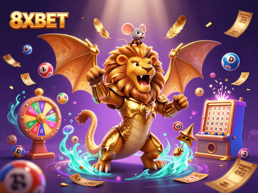 Engage with exciting gameplay at 8XBET featuring a golden chimera and vibrant lottery elements.