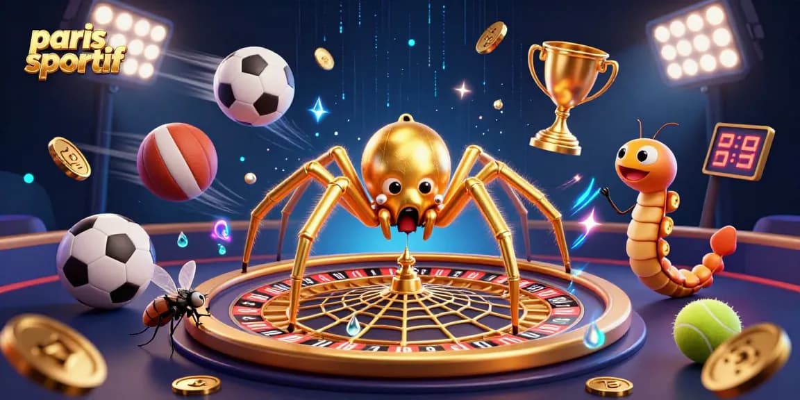 Placez vos paris sportif sur une illustration de croupier en train de gérer un web doré dynamique avec des éléments sportifs.