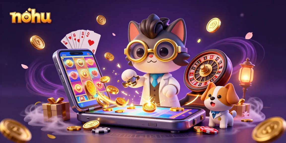 Spin winning reels at nohu with 3D cartoon characters amidst golden coins and colorful gaming elements.