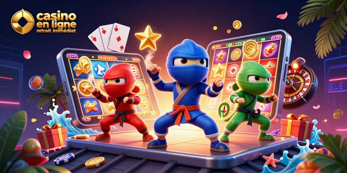 Le casino en ligne retrait immédiat proposant des jeux dynamiques avec des chameaux ninjas et des symboles colorés.