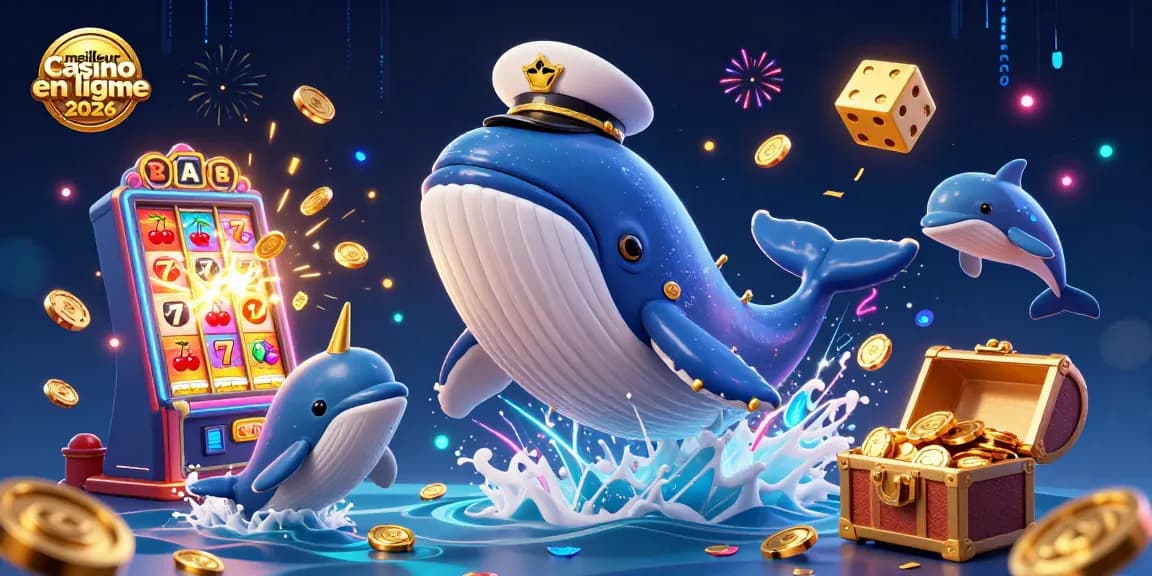 Visualisez le meilleur casino en ligne 2026 avec une baleine 3D entourée de pièces et de jeux de casino.