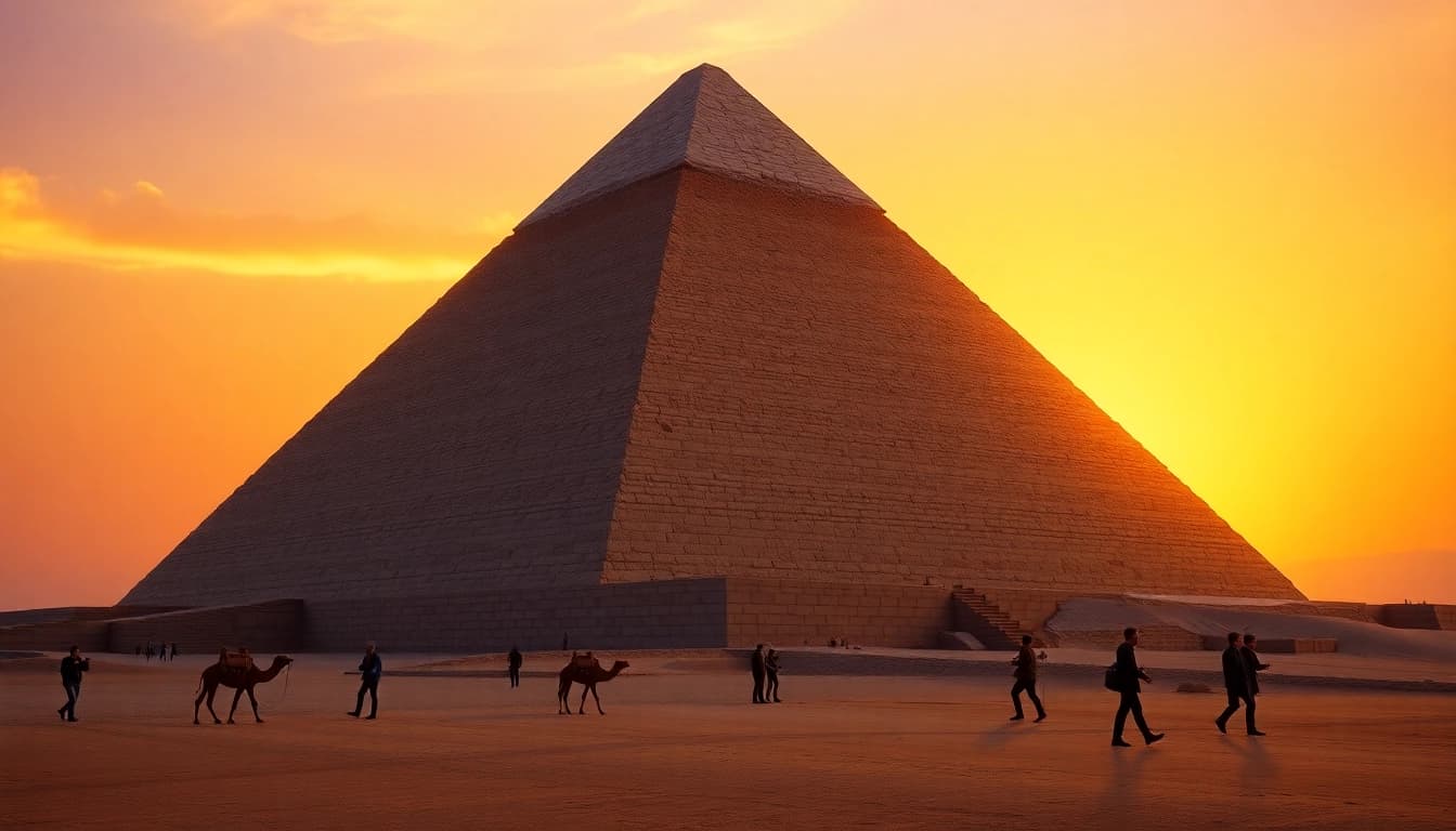 Experience the grandeur of piraminds with tourists exploring the Great Pyramid at sunset.