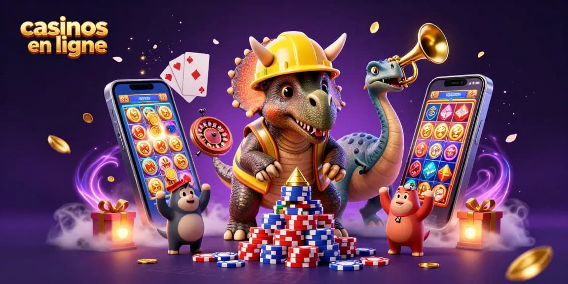 Créez des pyramides de jetons dans les casinos en ligne avec un triceratops et un parasaurolophus célébrant.