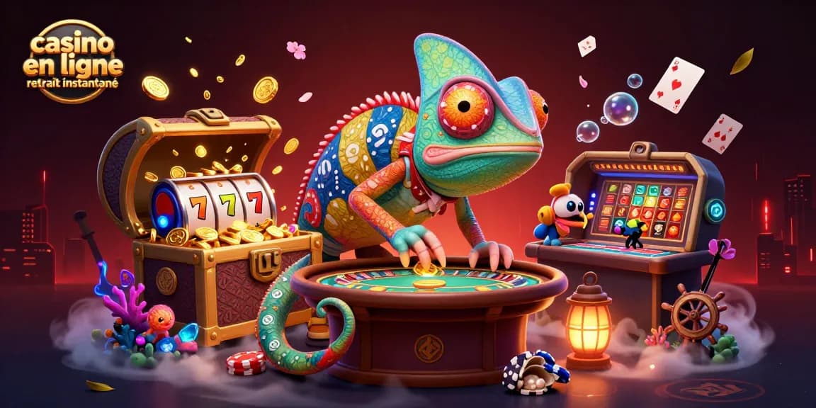 Profitez des gains avec les casinos en ligne retrait instantané illustrés par un caméléon et des éléments ludiques.