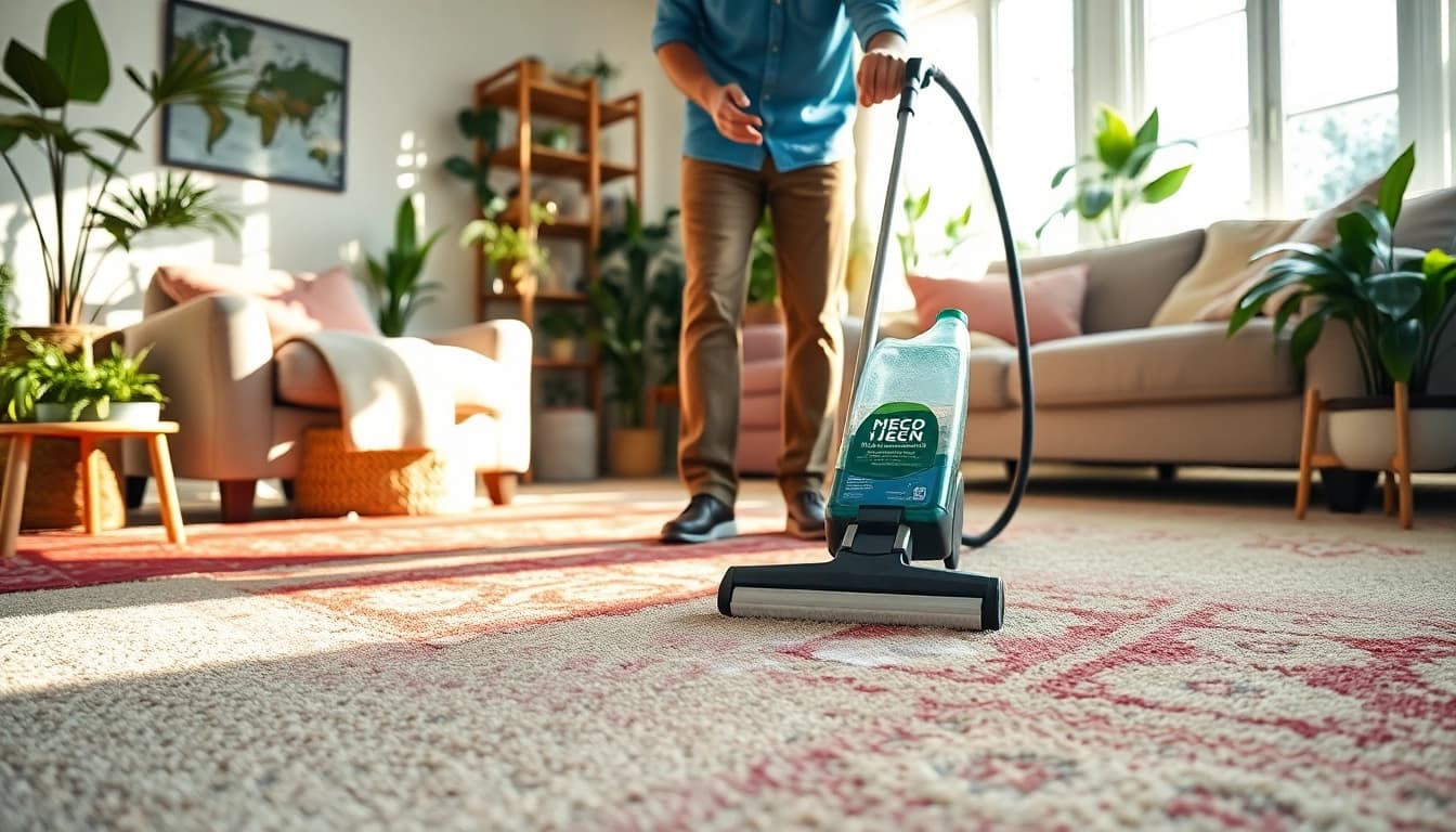 Enhancing pet odor carpet cleaning with a technician at work in a sunny home setting.