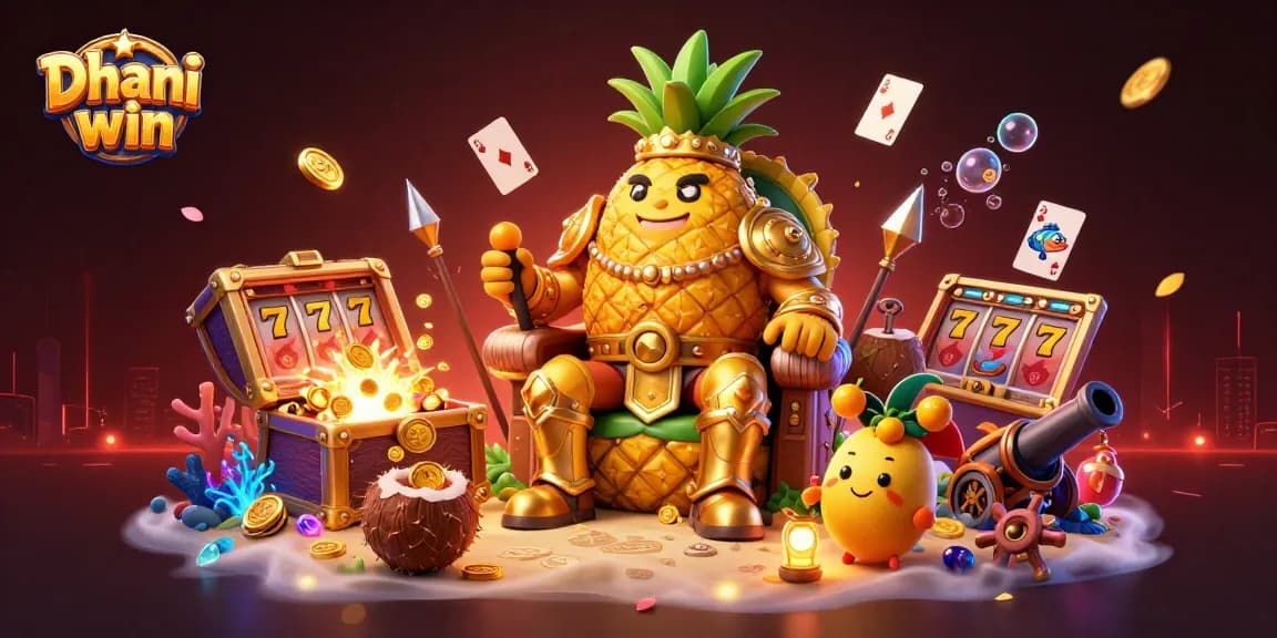 Dhani win gaming scene showcasing a golden pineapple king and slot games amid vibrant casino elements.