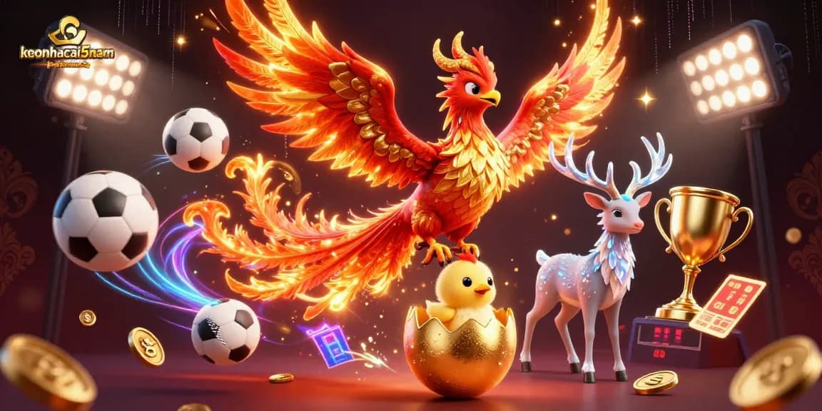 Keonhacai5nam showcases the thrilling world of sports betting with vibrant energy, featuring a phoenix and dynamic game elements.