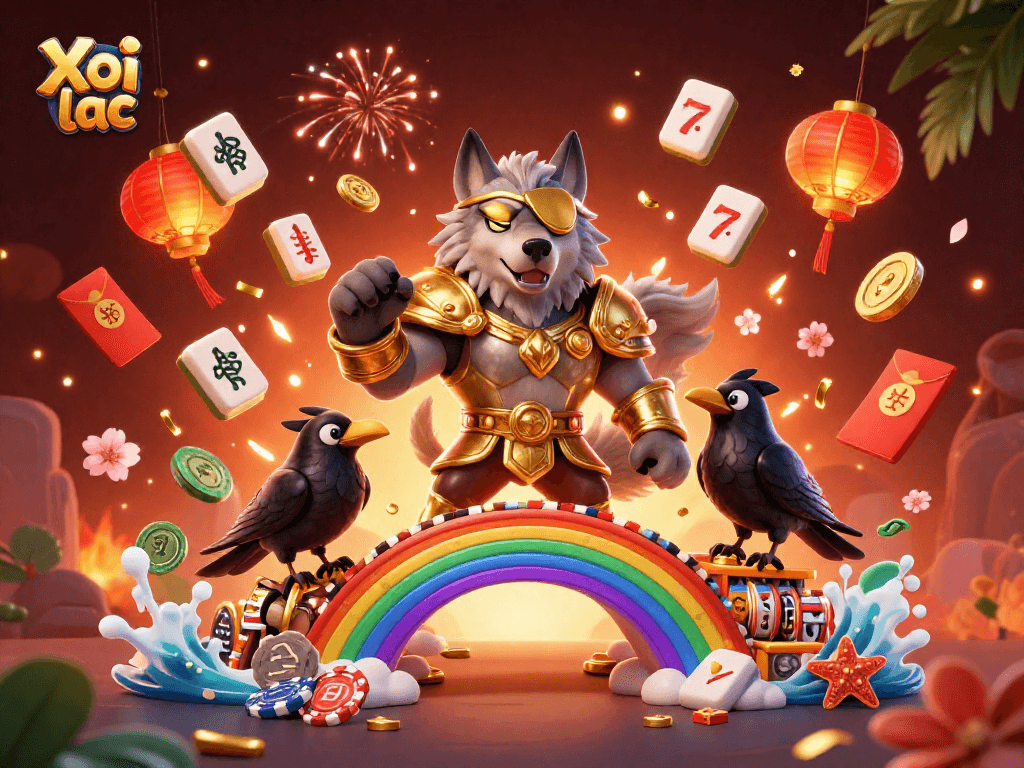 Xoi lac signifies a vibrant online casino scene with Odin and his ravens amid slot reels and chips.