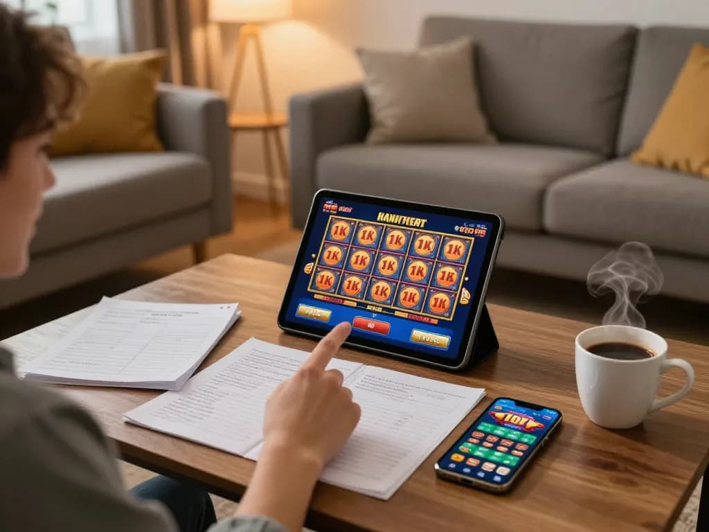 Player engaged in slot 10k games at home using a tablet, enhancing their gaming experience.
