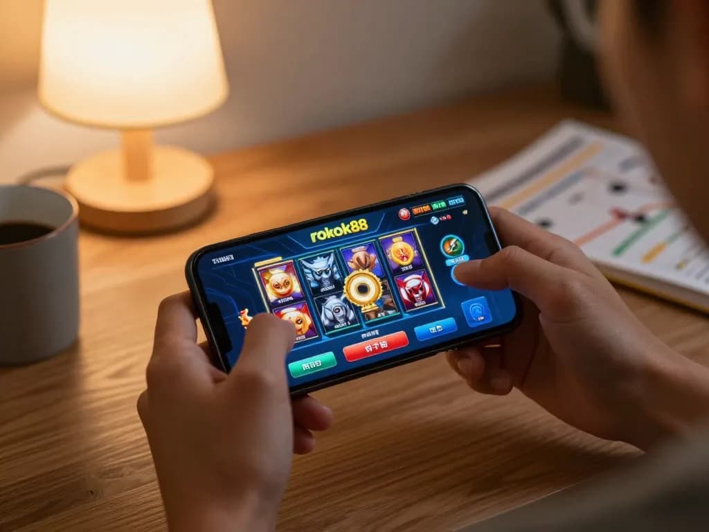 Engaging in rokok88 slot gameplay on a smartphone in a cozy home environment, illustrating mobile gaming excitement.