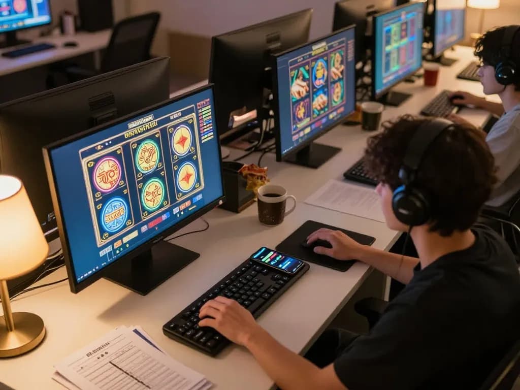 Engaging in slot bet kecil gaming on multiple screens in a cozy home office.