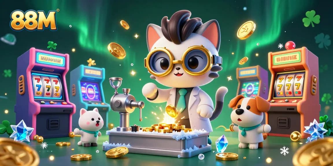 88M brings excitement with a mad scientist cat and dog amid vibrant casino elements.