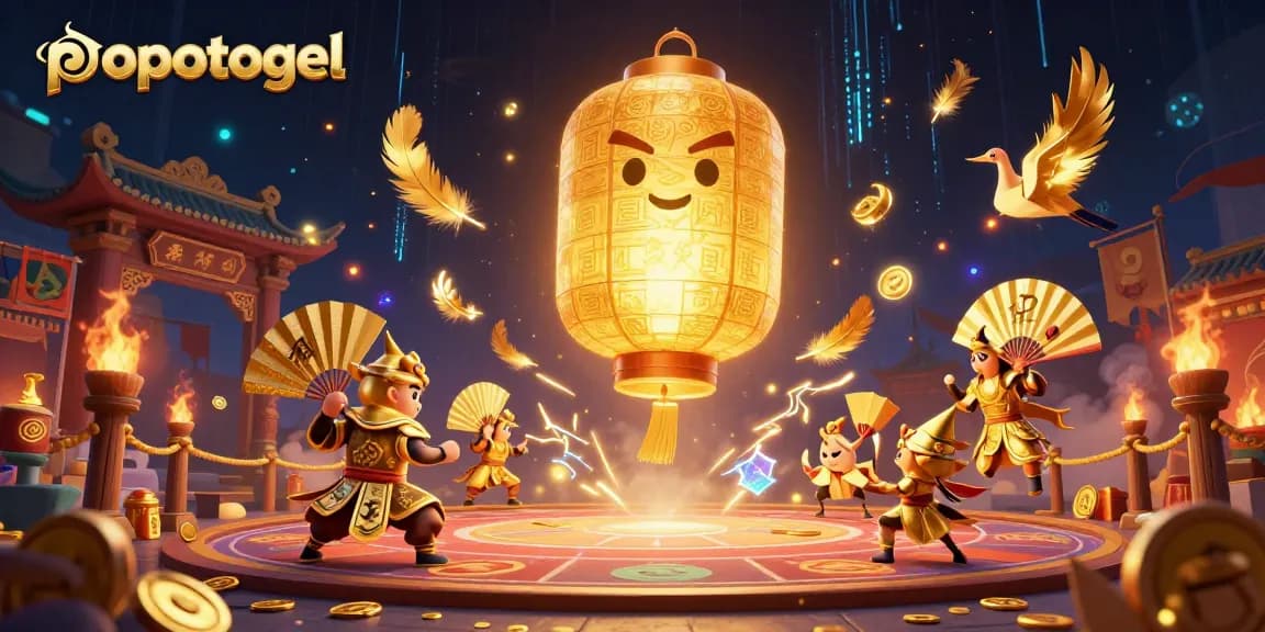 Experience thrilling gameplay with popotogel's vibrant 3D casino illustration showcasing golden lantern spirit and exciting game elements.
