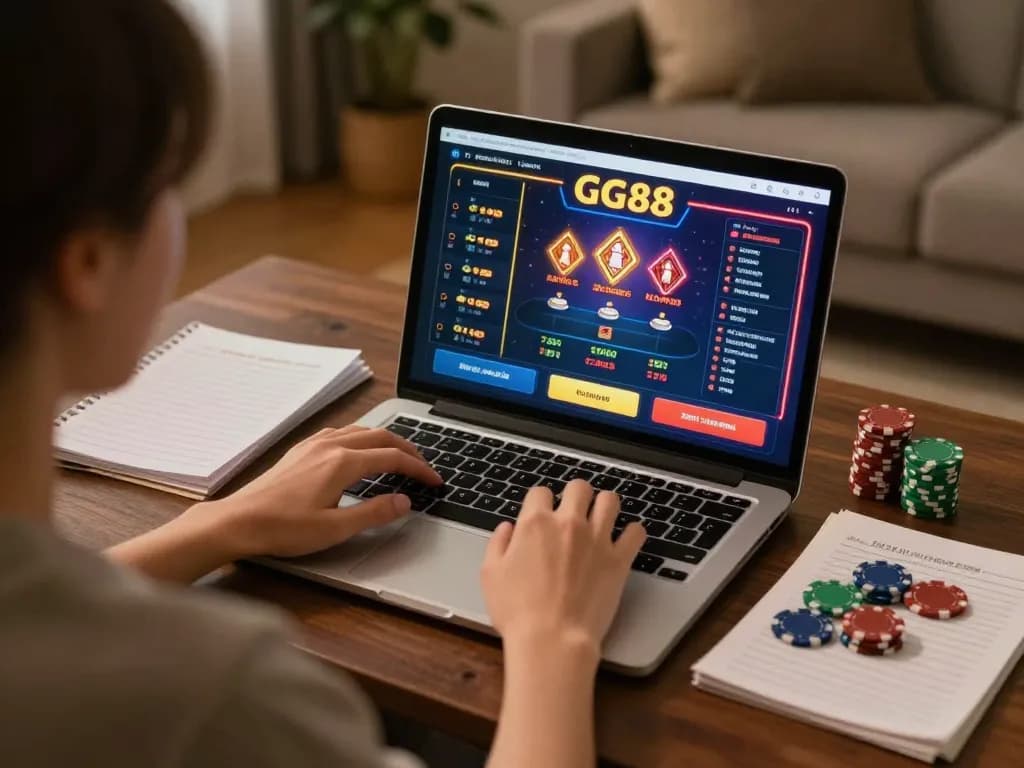 Engaged player using GG88 online platform for strategic betting at home.