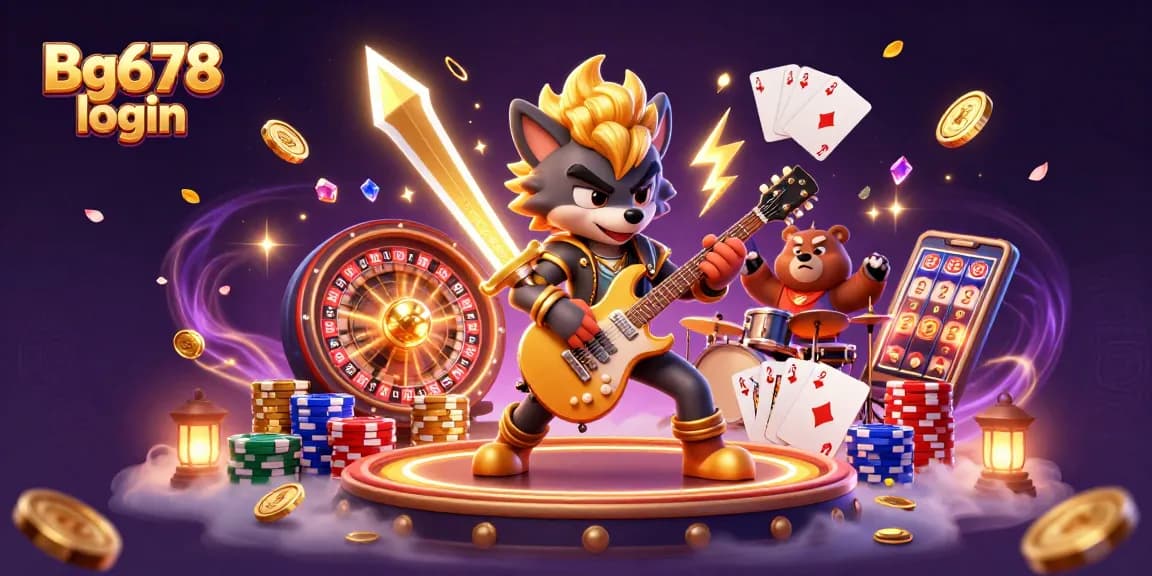 Engage with Bg678 login featuring a rock star wolf and drummer bear in this vibrant casino scene.