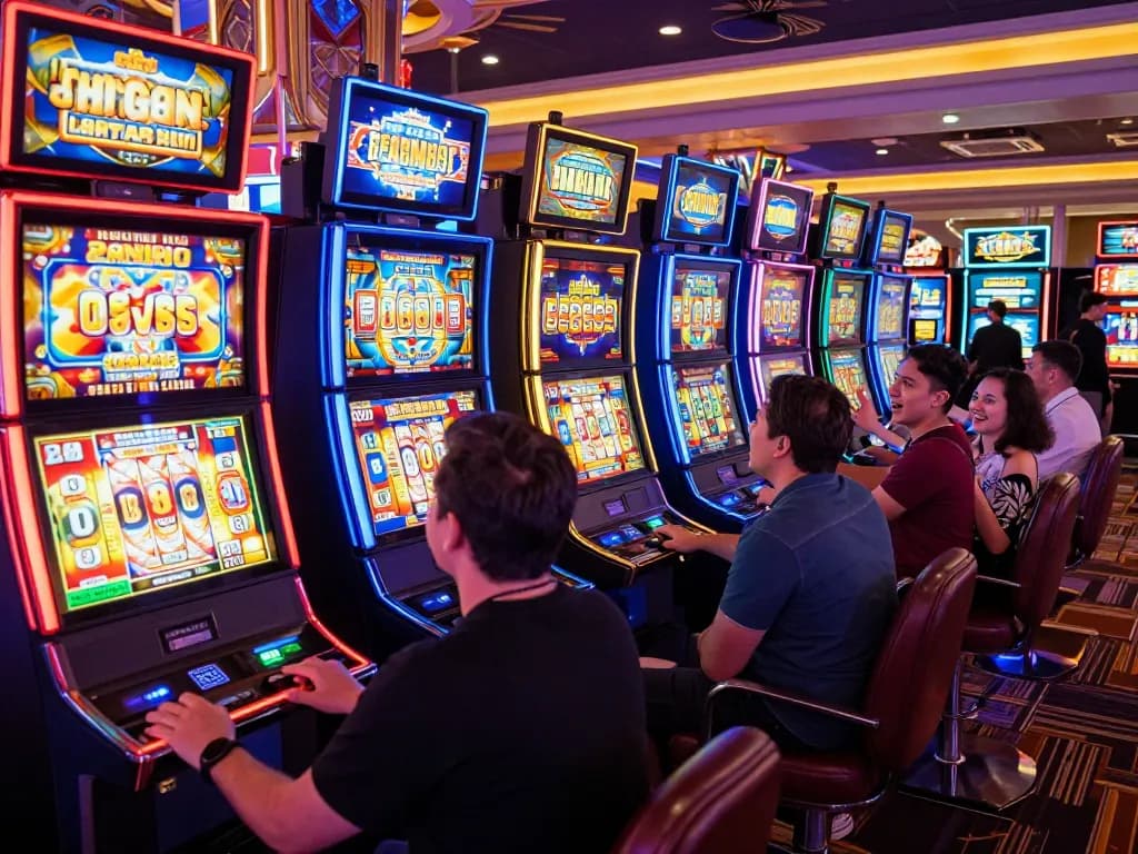 Experience slot gacor siang ini with players engaging at vibrant slot machines in a lively casino.