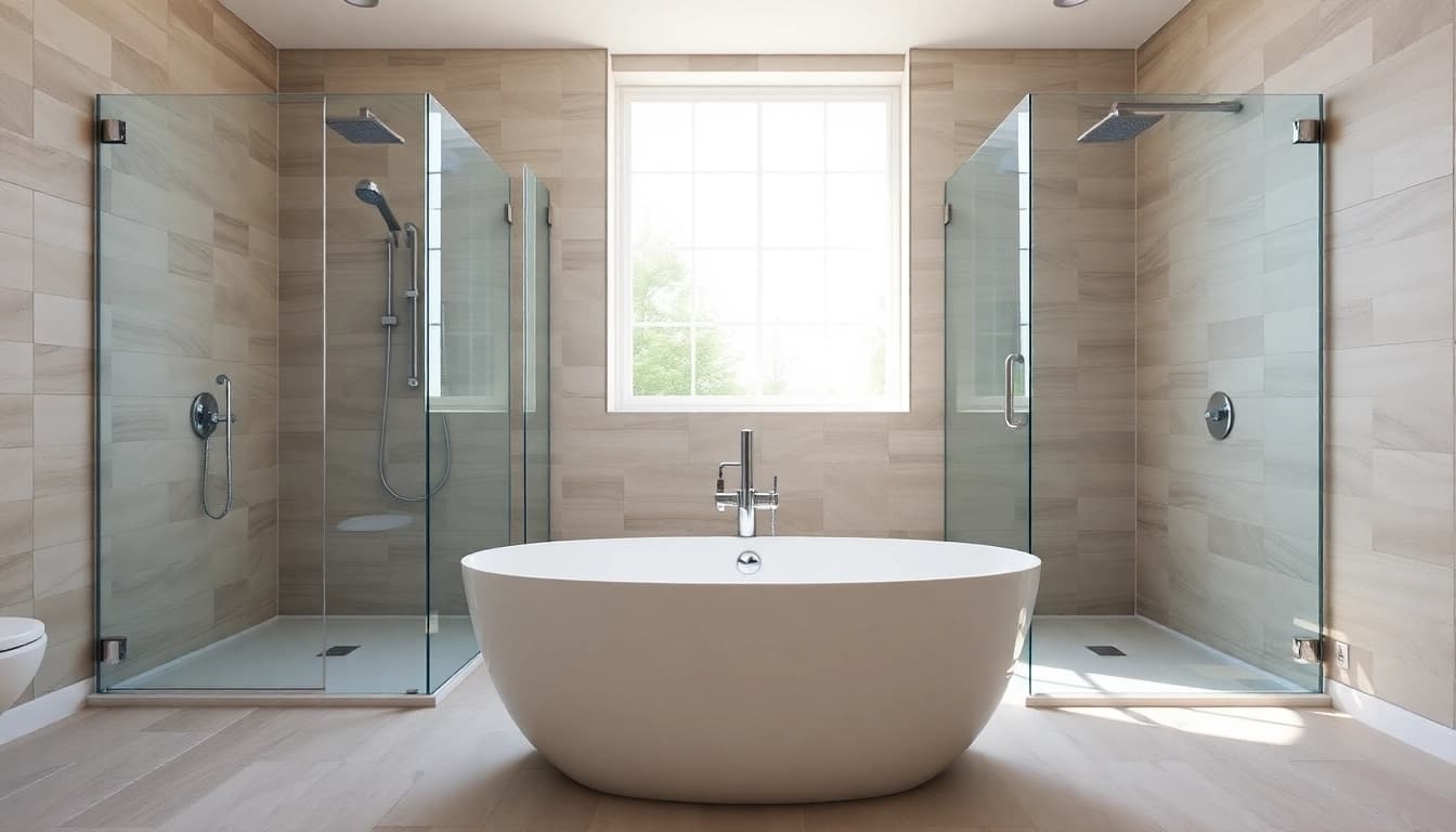 Elegant bathroom featuring sunney shower doors with clear glass and sleek design.