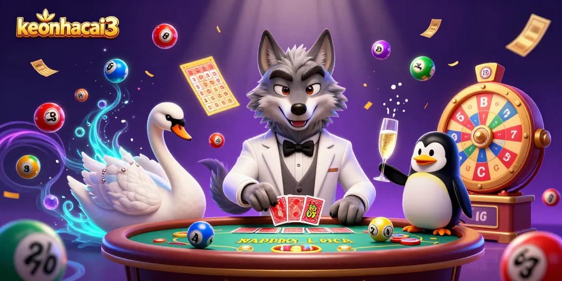 Experience thrilling baccarat action with keonhacai3 at an elegant casino scene featuring a wolf, swan, and penguin.