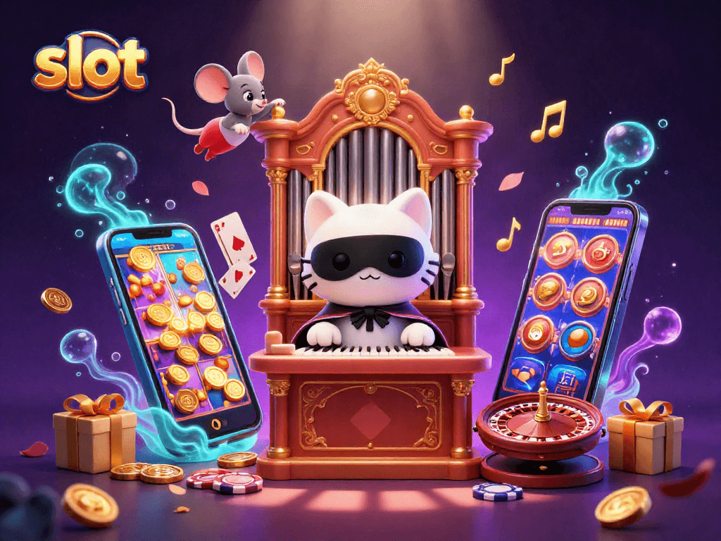 Spin the reels with the charming slot-themed characters in vibrant casino action.