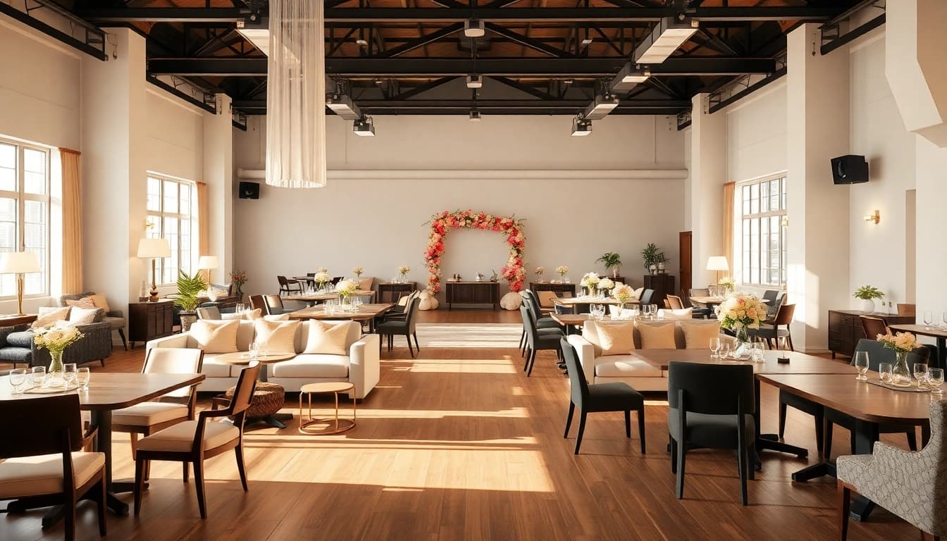 Elegant arrangement of event furniture rentals in a stylish venue setting.