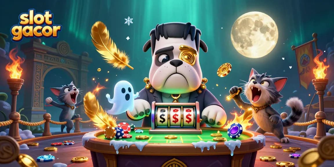 Experience thrilling slot gacor action with a playful bulldog dealer and mystical elements.