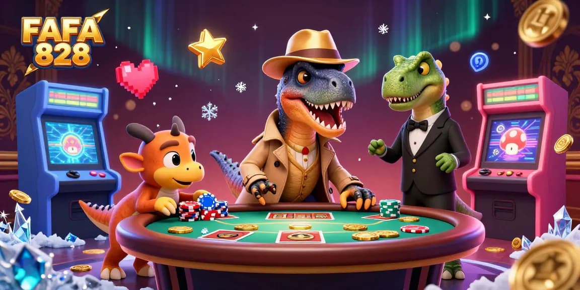 FAFA 828 features a cartoon velociraptor card counter at a blackjack table amidst colorful gaming elements.
