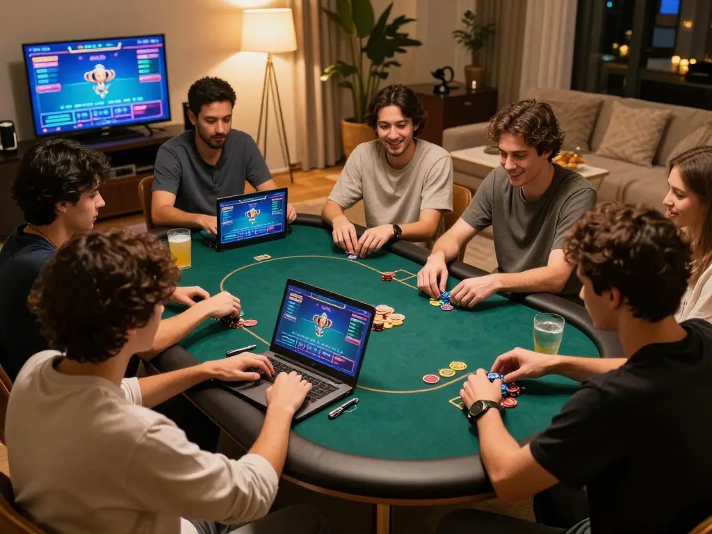 Friends enjoying a poker game with hiddenwiki online strategies, lively atmosphere and engaging gameplay.