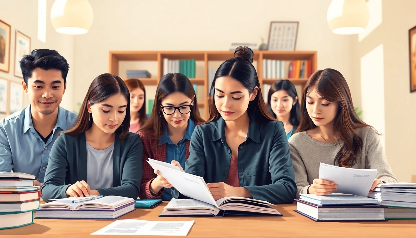 Engaged TOEFL test takers for hire collaborating in a bright, studious environment.