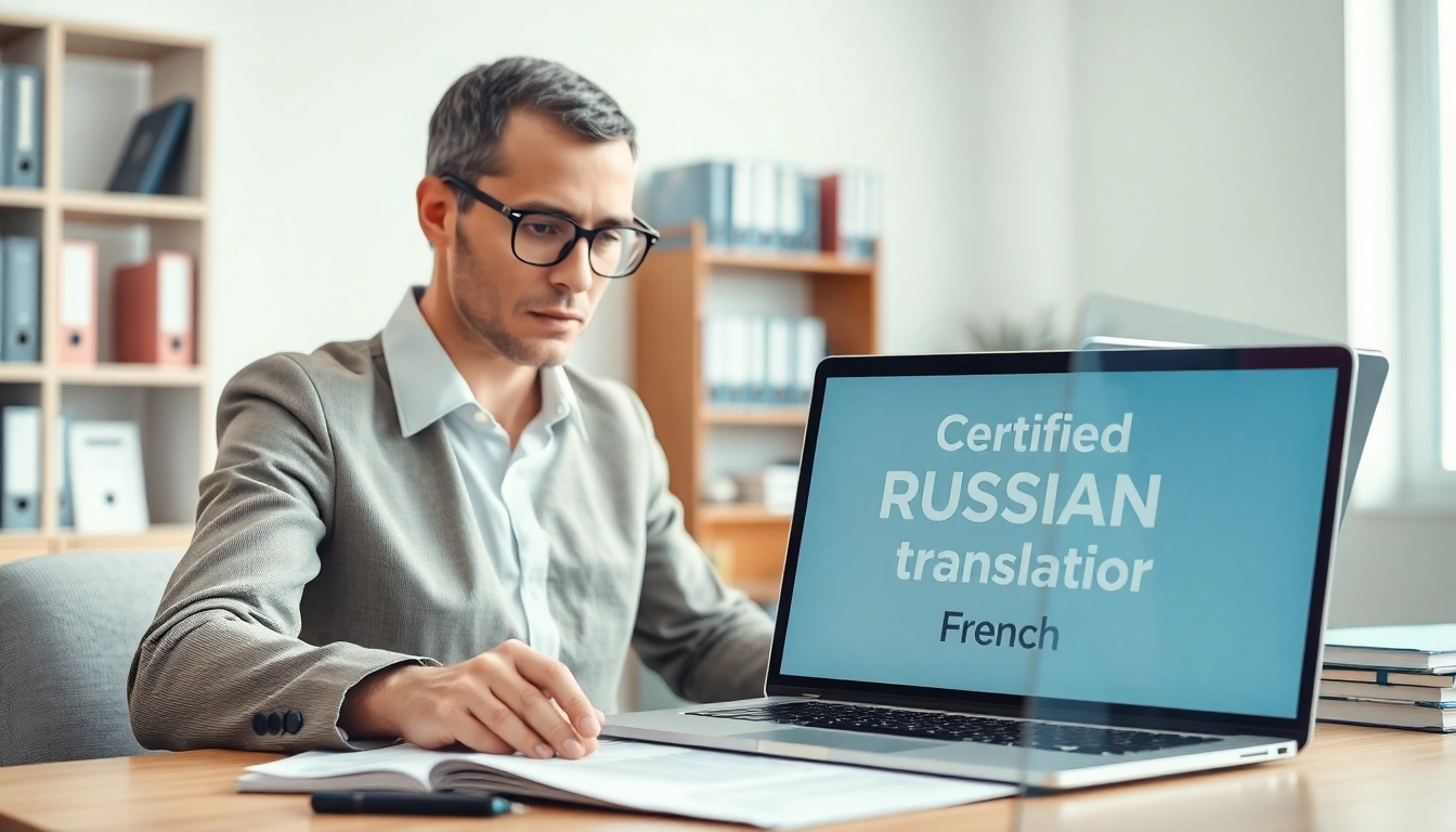 Traducteur russe assermenté certifié travaillant sur des documents officiels dans un bureau moderne.