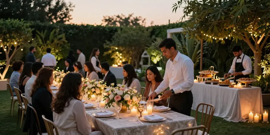 Stunning wedding setup showcasing event rental ksa ambiance with elegant tables and fairy lights.