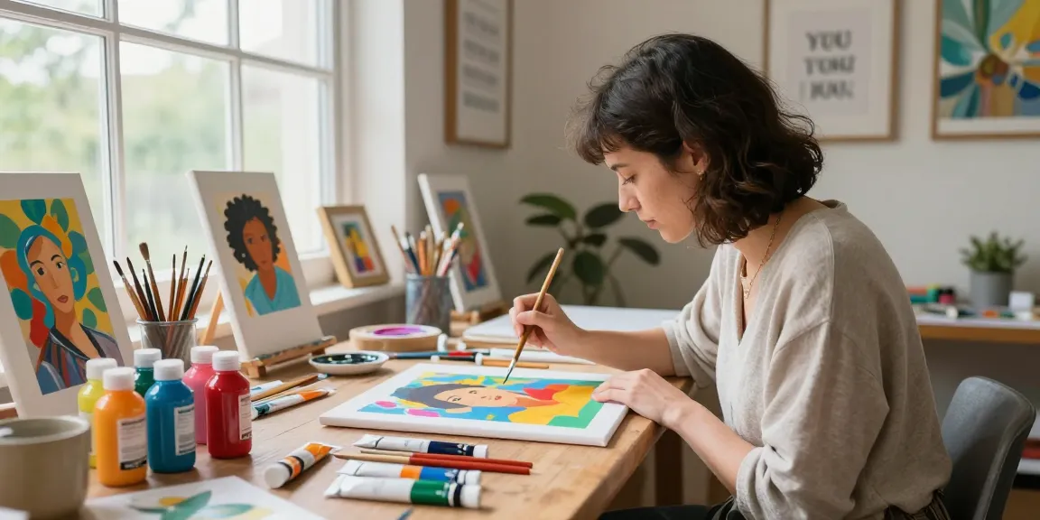 Creating customized paint by numbers art in a vibrant, natural light studio.