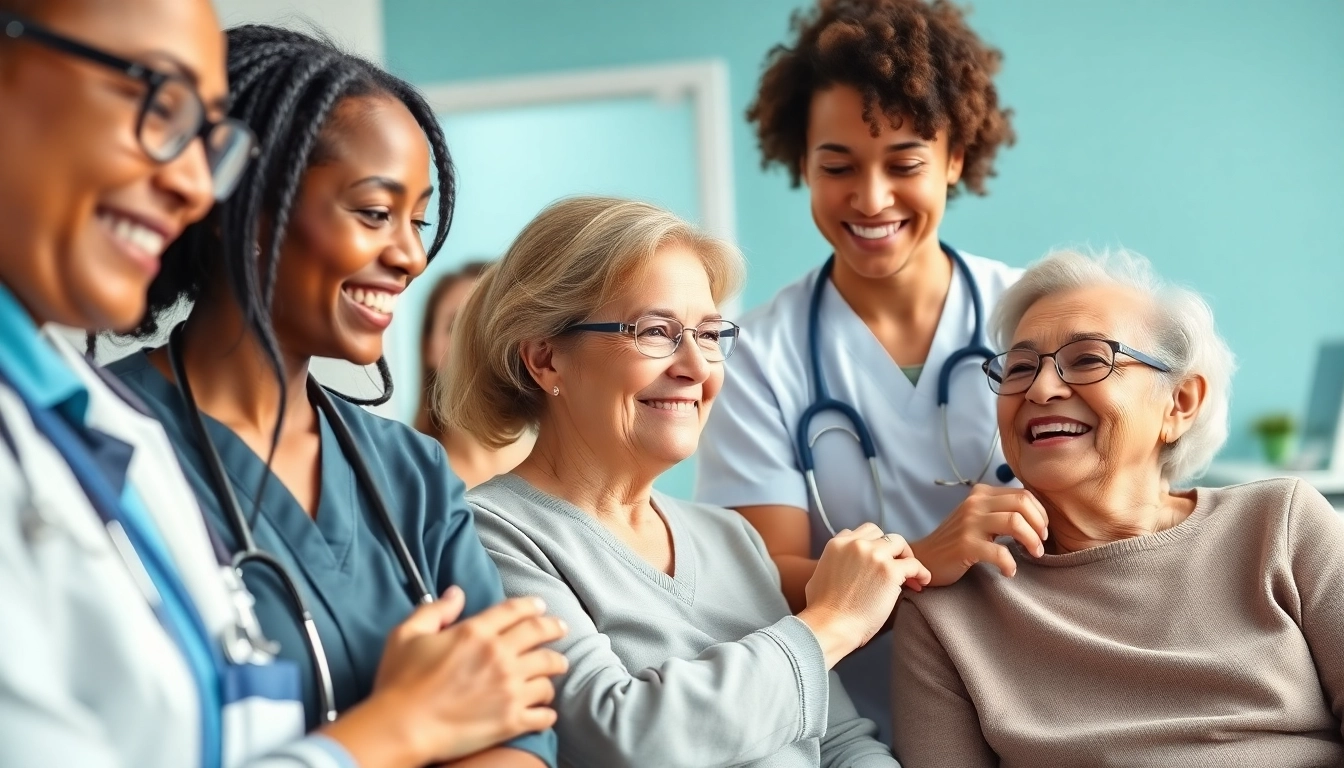 Illustration of caregivers enhancing health for elderly patients in a comforting clinic environment.