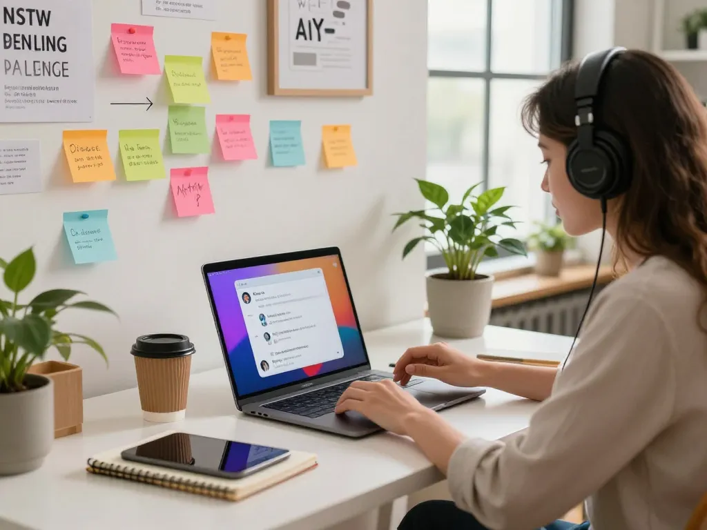 Engaging workspace with young professional using nsfw ai chat on laptop, showcasing creative digital interactions.