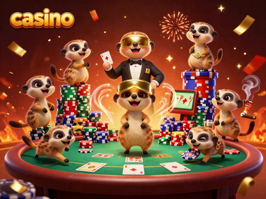 Exciting casino scene with cartoon meerkats engaging in lively gambling activities at a poker table.