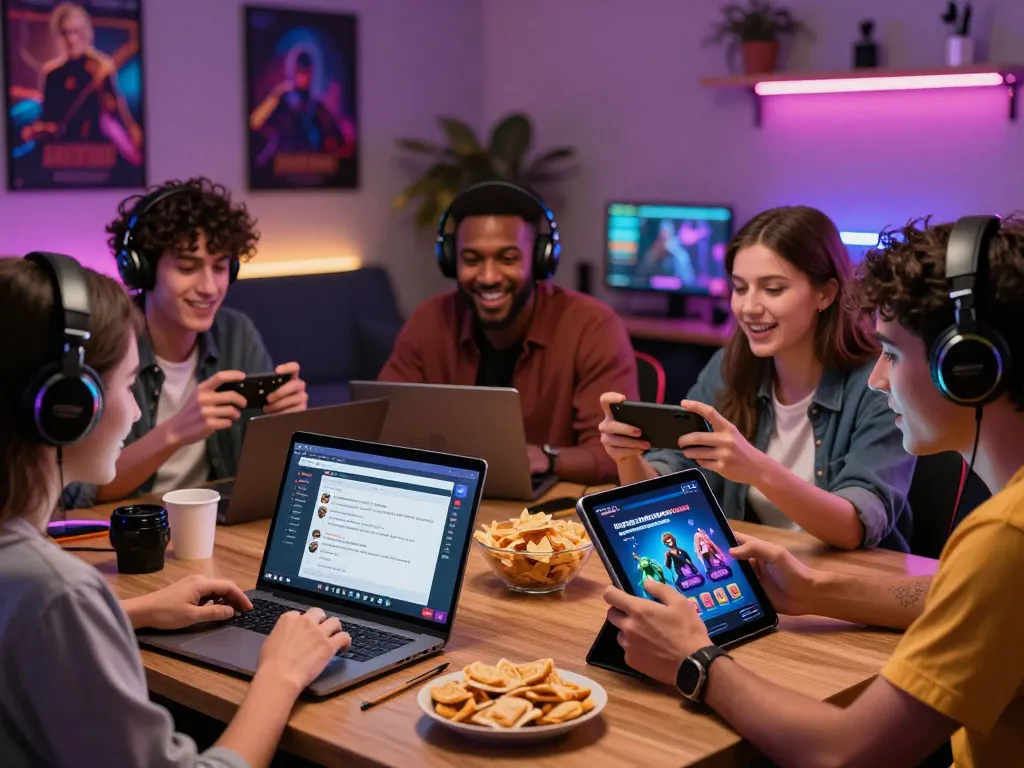 Group enjoying free porn game in a vibrant gaming lounge with devices.