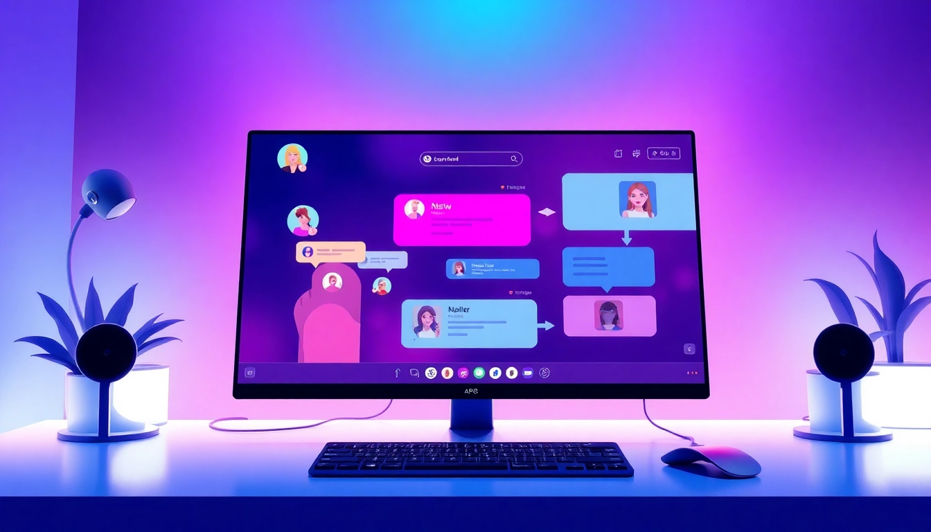 Engaging NSFW AI chat platform illustration with interactive elements and colorful avatars.