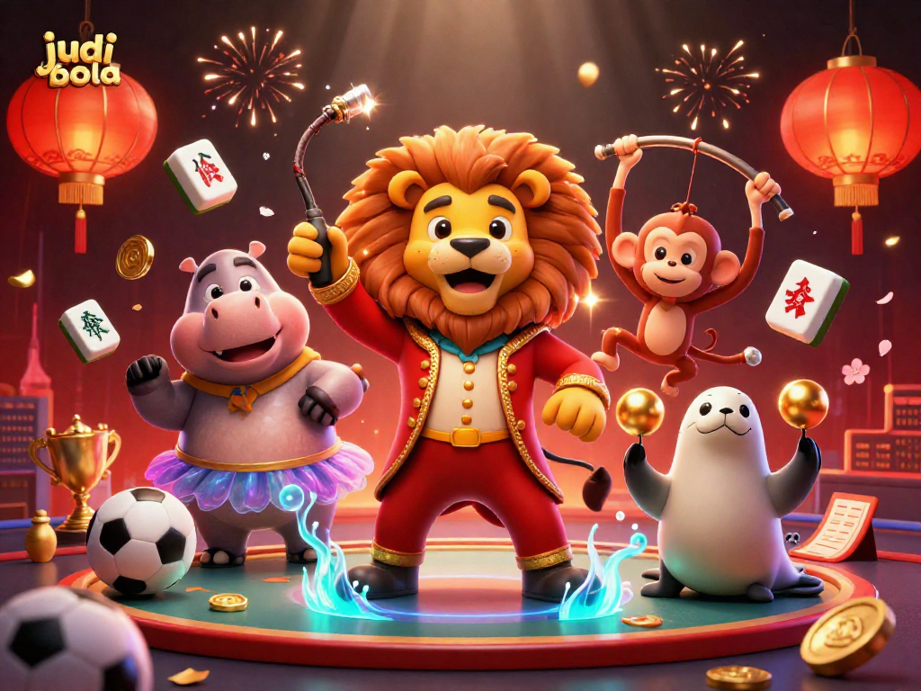 Engage in judi bola excitement with dynamic sports betting characters amidst winning elements.