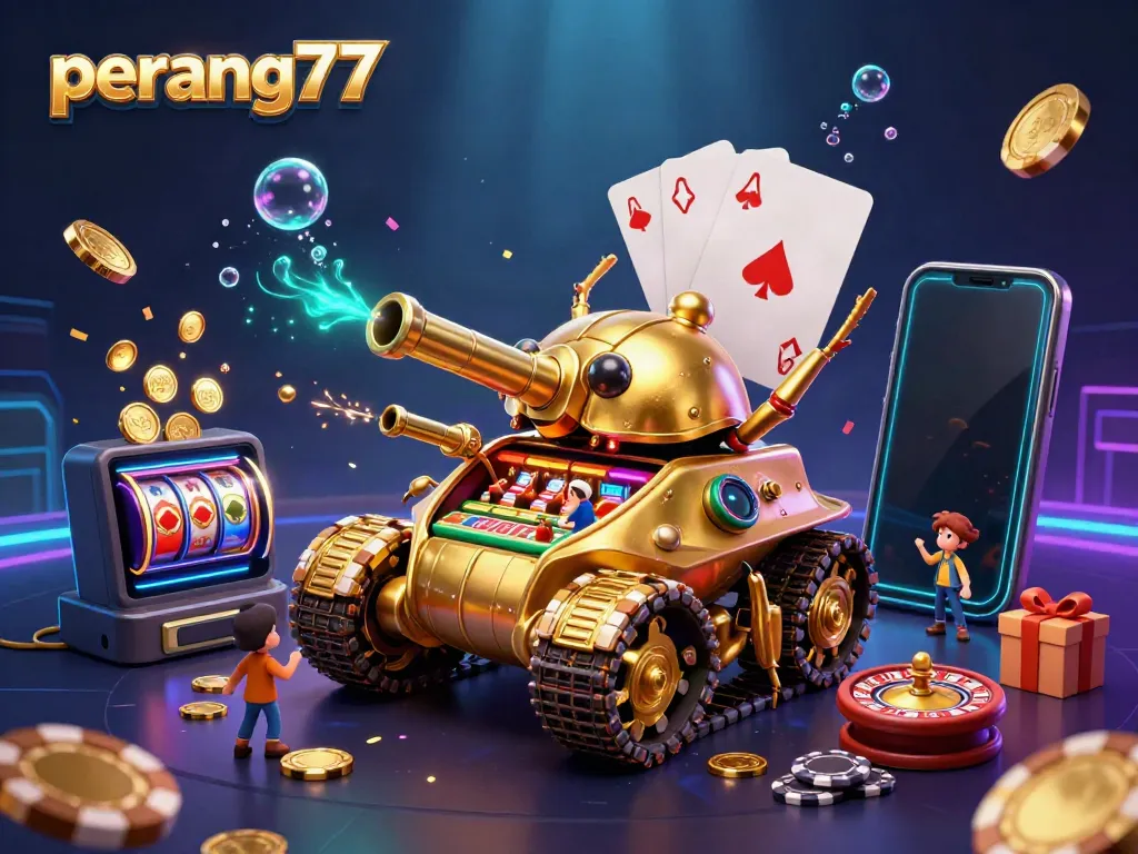 Bermain permainan slot di perang77 dengan slot warna-warni dan koin emas meledak dari layar ponsel.