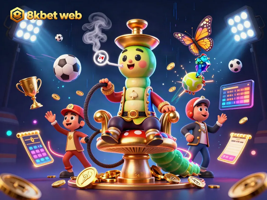 Experience the excitement of 8xbet web with a spectacular 3D scene of a sultan caterpillar and dynamic sports elements.