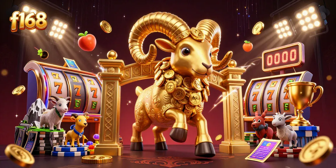 Experience thrilling wins at f168 with an energetic scene featuring slot games, golden characters, and dynamic action.