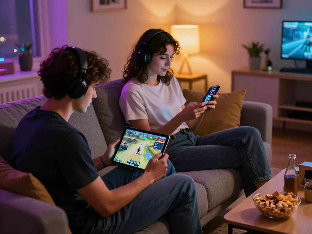Engaging with nsfw games on a tablet and smartphone in a cozy, well-lit living room during a gaming night